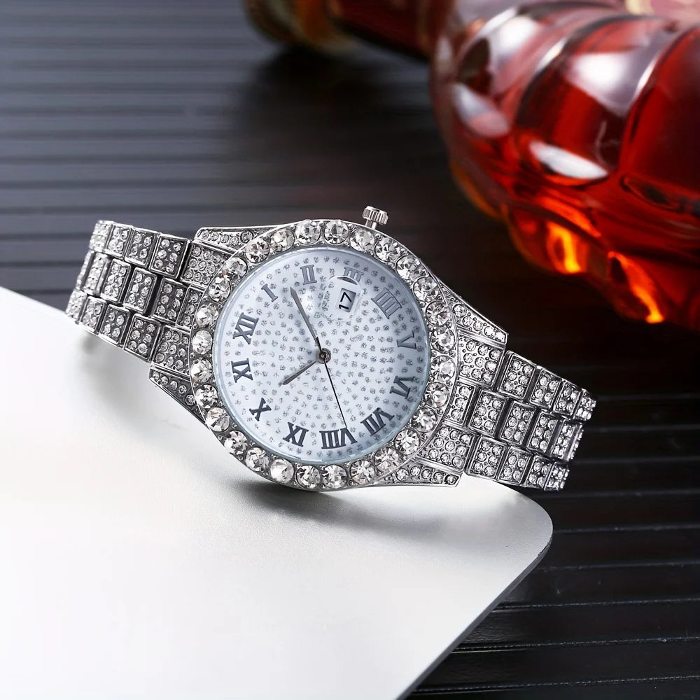 Fashion Hip-hop Cuban Bracelet & Men's Steel Band Faux Diamond Watch, Fashion Men's Watch Set