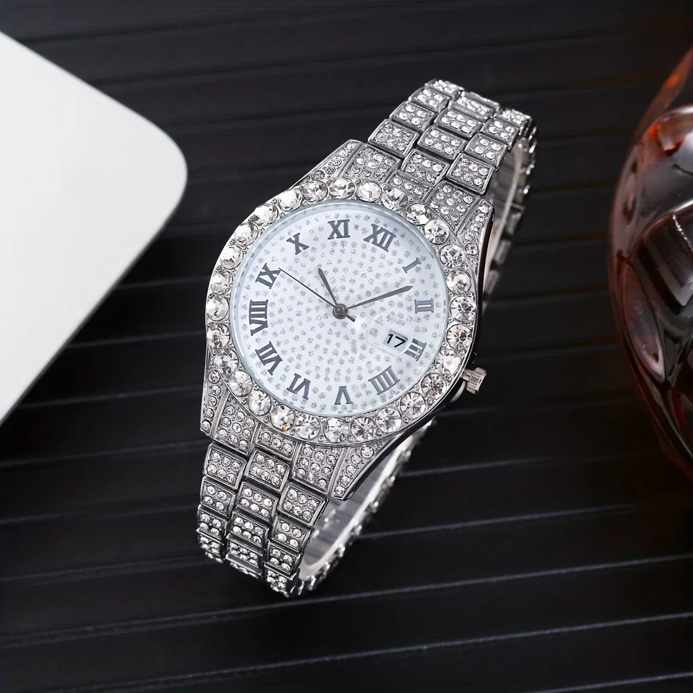 Fashion Hip-hop Cuban Bracelet & Men's Steel Band Faux Diamond Watch, Fashion Men's Watch Set